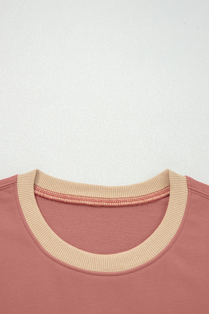 Rose Pink Contrast Star Patchwork Exposed Seam Uneven Hem Drop Shoulder Sweatshirt