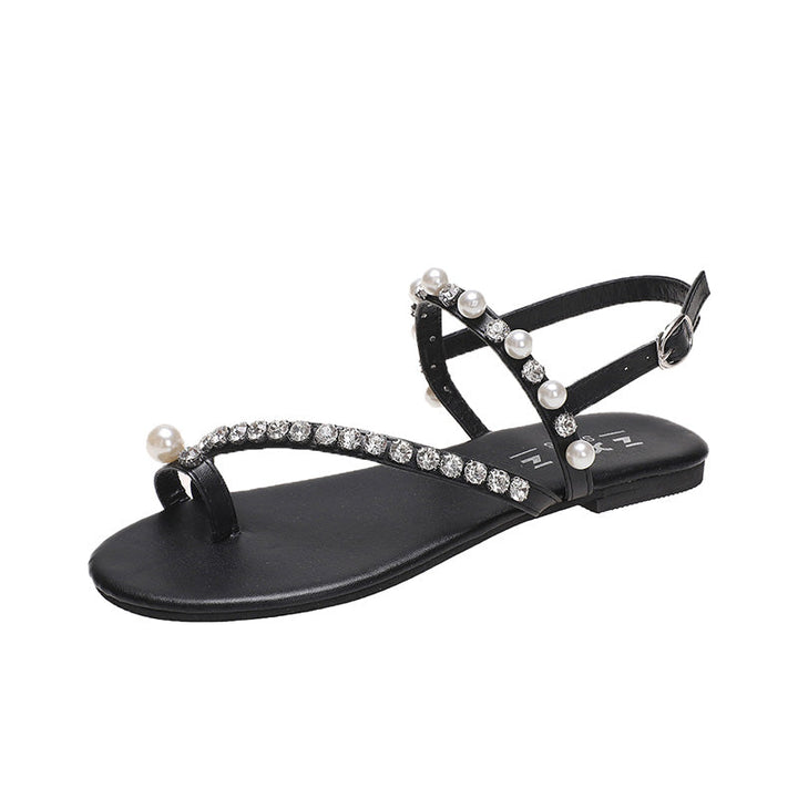 2026 Spring Summer New Rhinestone Pearl Toe Loop Roman Flat Sandals For Women, Plus Size Gentle Fairy Style Unique Ladies Shoes