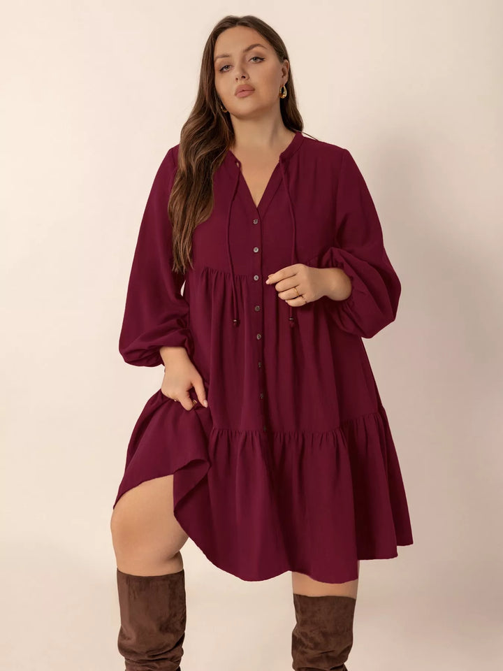 Plus Size Button Front Balloon Sleeve Dress