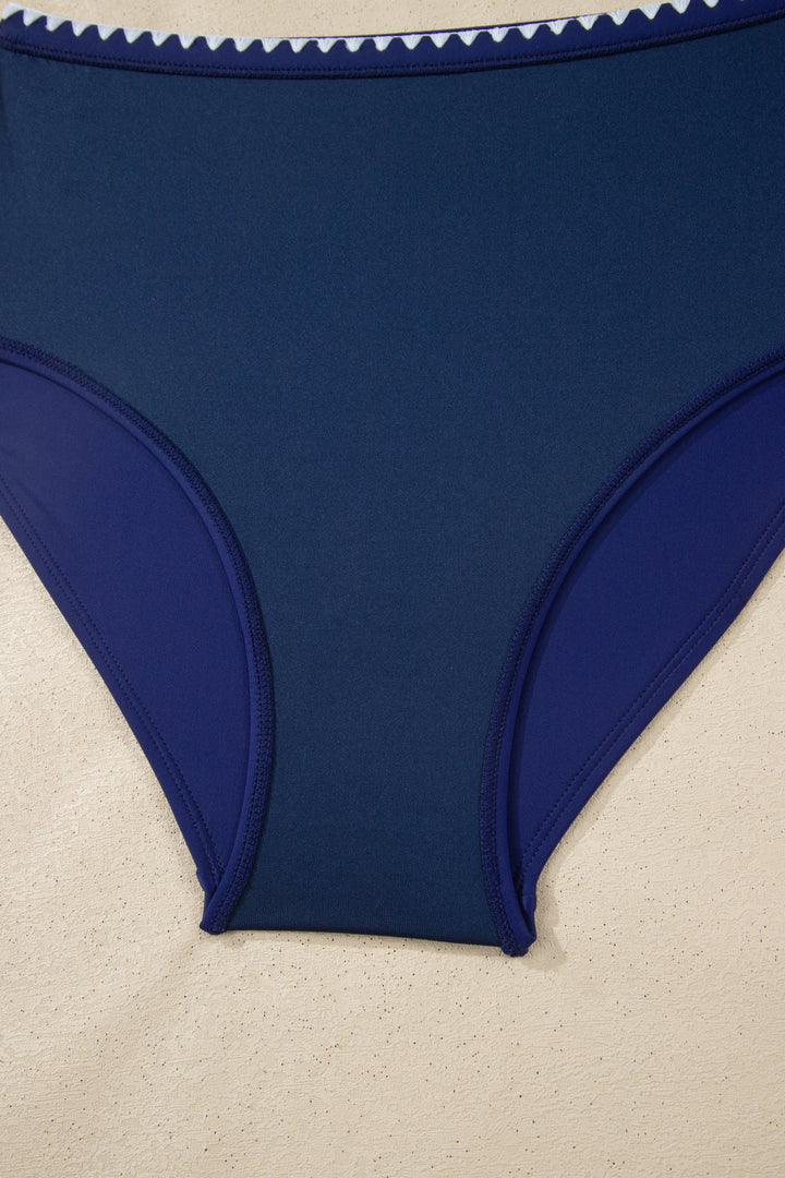 Navy Blue Shell Stitched Trim V Neck Textured Mix and Match High Waist Bikinis