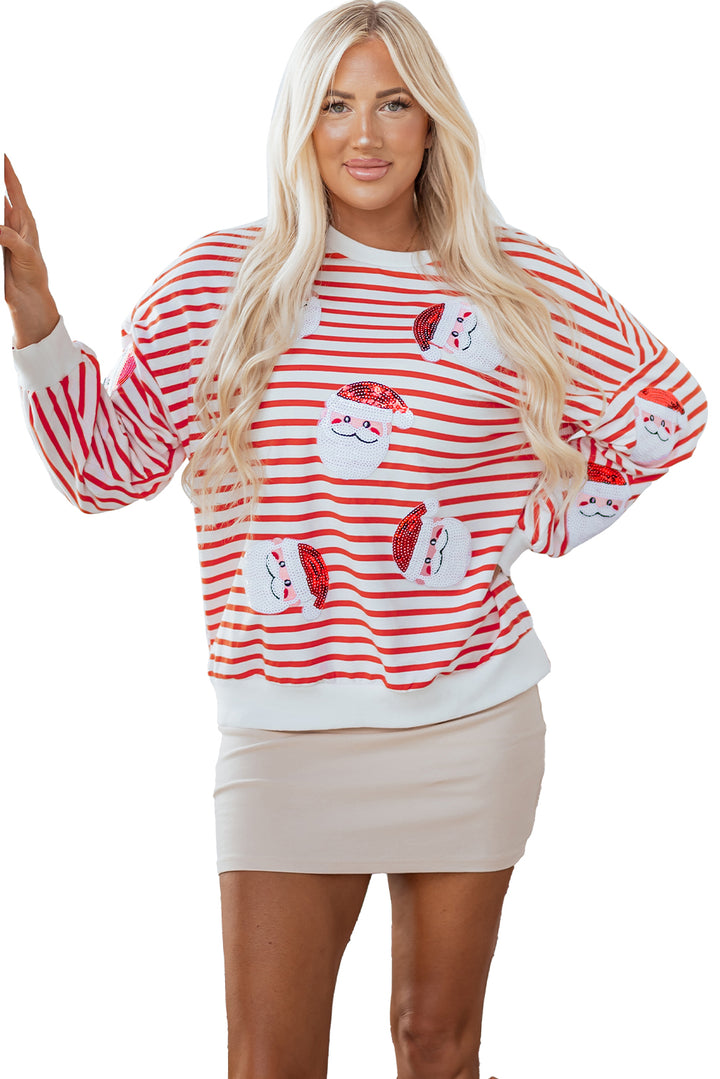 Orange Stripe Sequin Santa Claus Pattern Christmas Pullover Sweatshirt