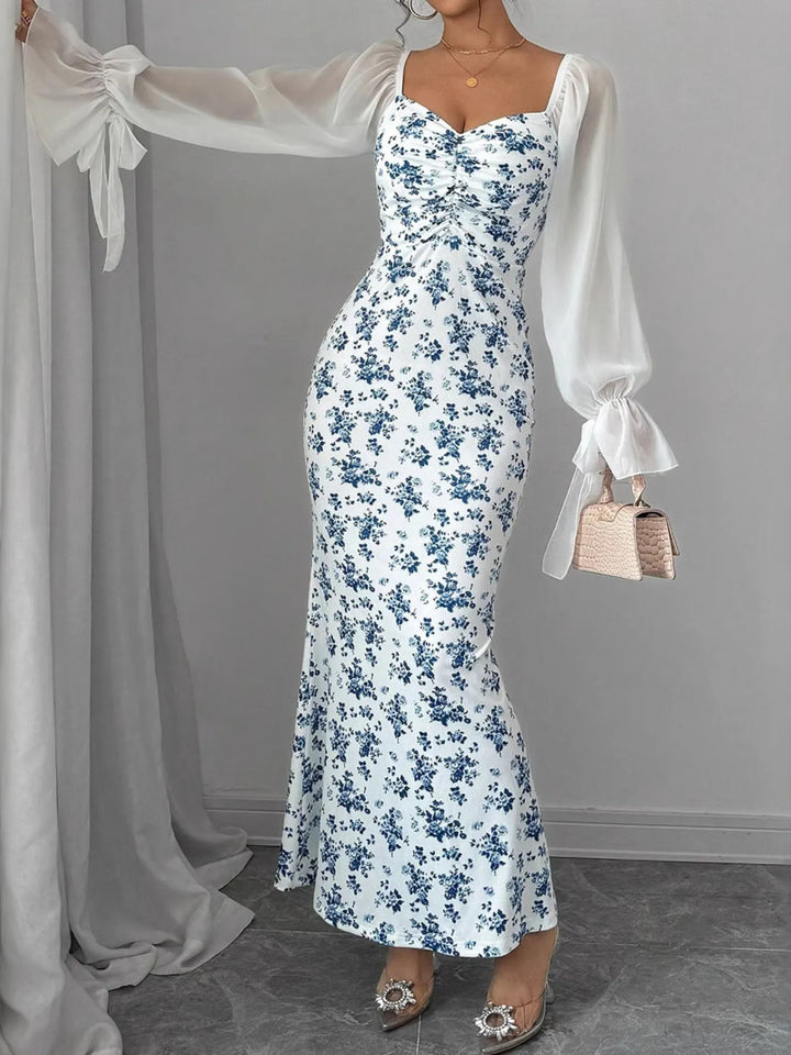 Floral Print Sweetheart Neckline Maxi Dress