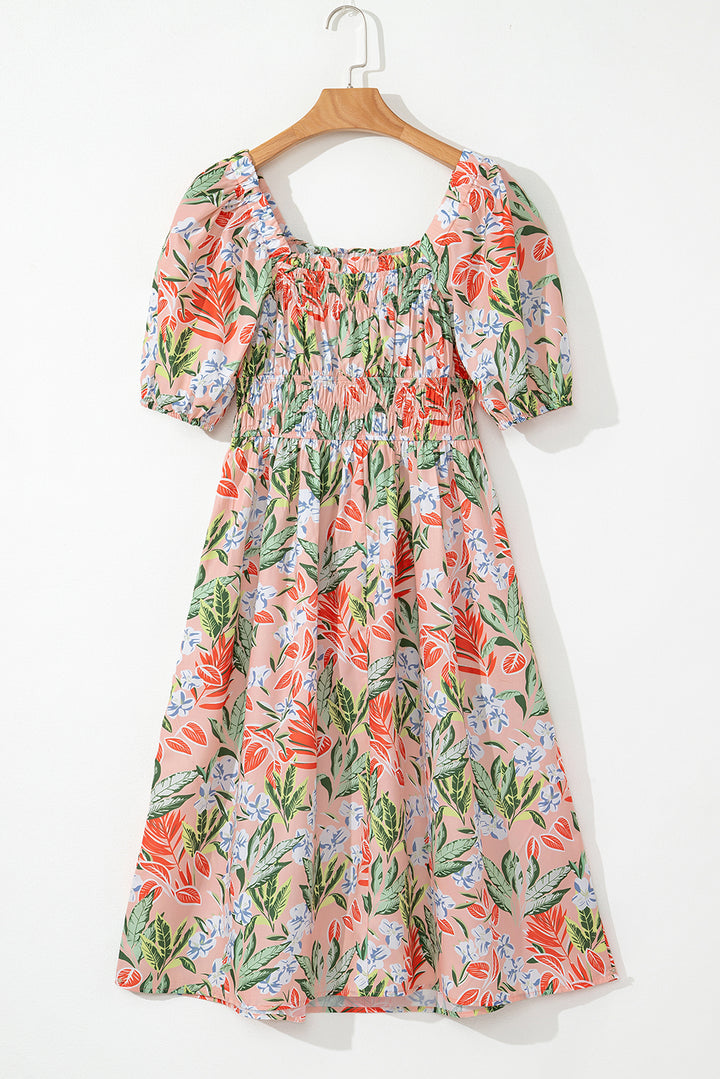Apricot Pink Floral Smocked Bust Bubble Short Sleeve Maxi Dress
