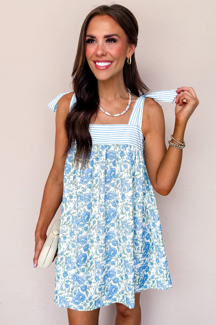 Sky Blue Floral Print Striped Patchwork Bow Knot Straps Mini Dress