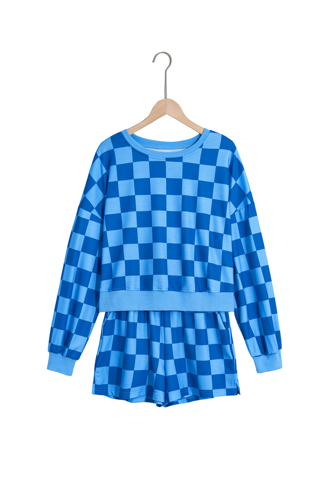 Dark Blue Plaid Checkered Long Sleeve Crop Top Elastic Waist Shorts Two Piece Set
