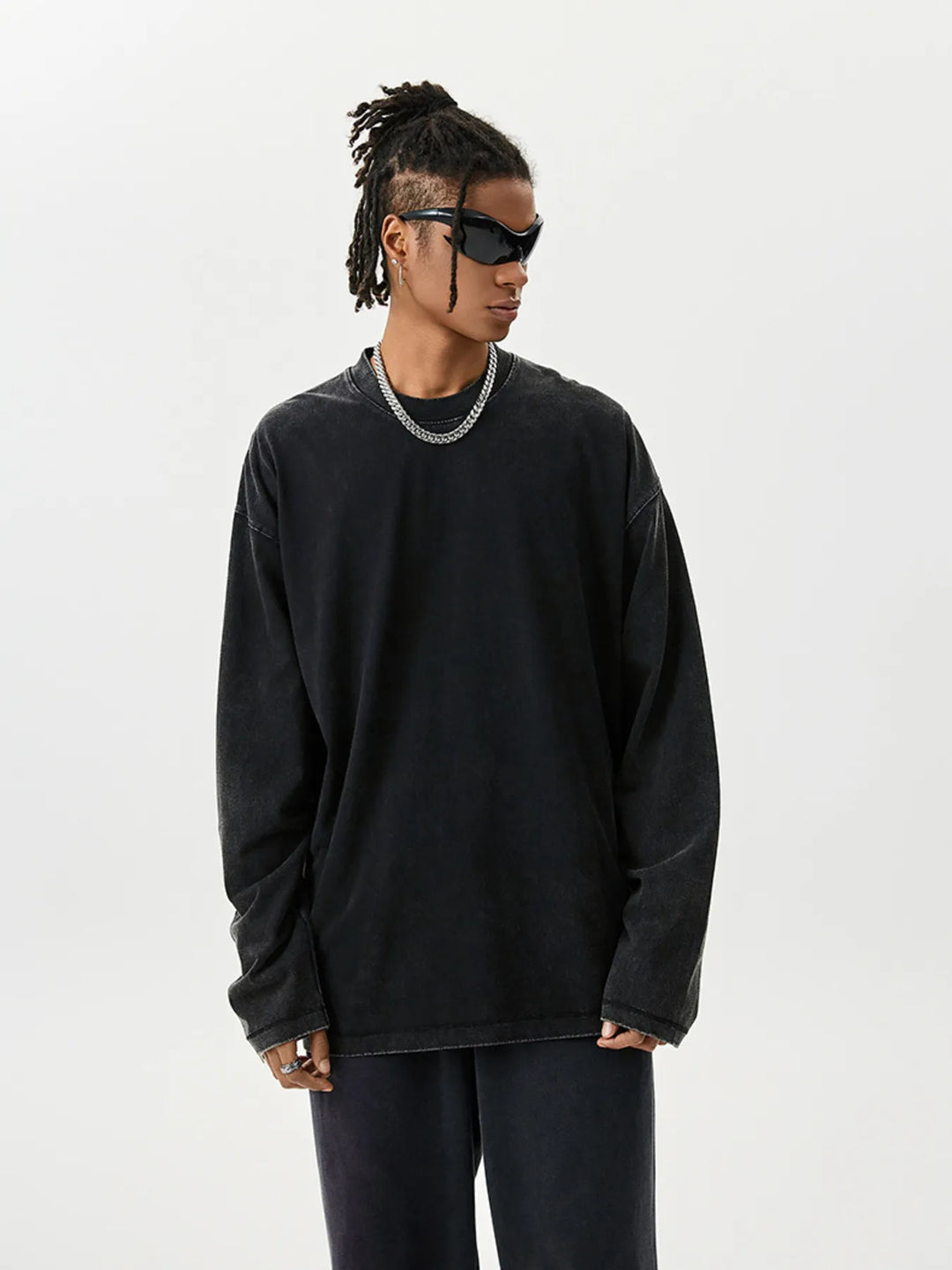 Men's Washed Round Neck Long Sleeve T-Shirt