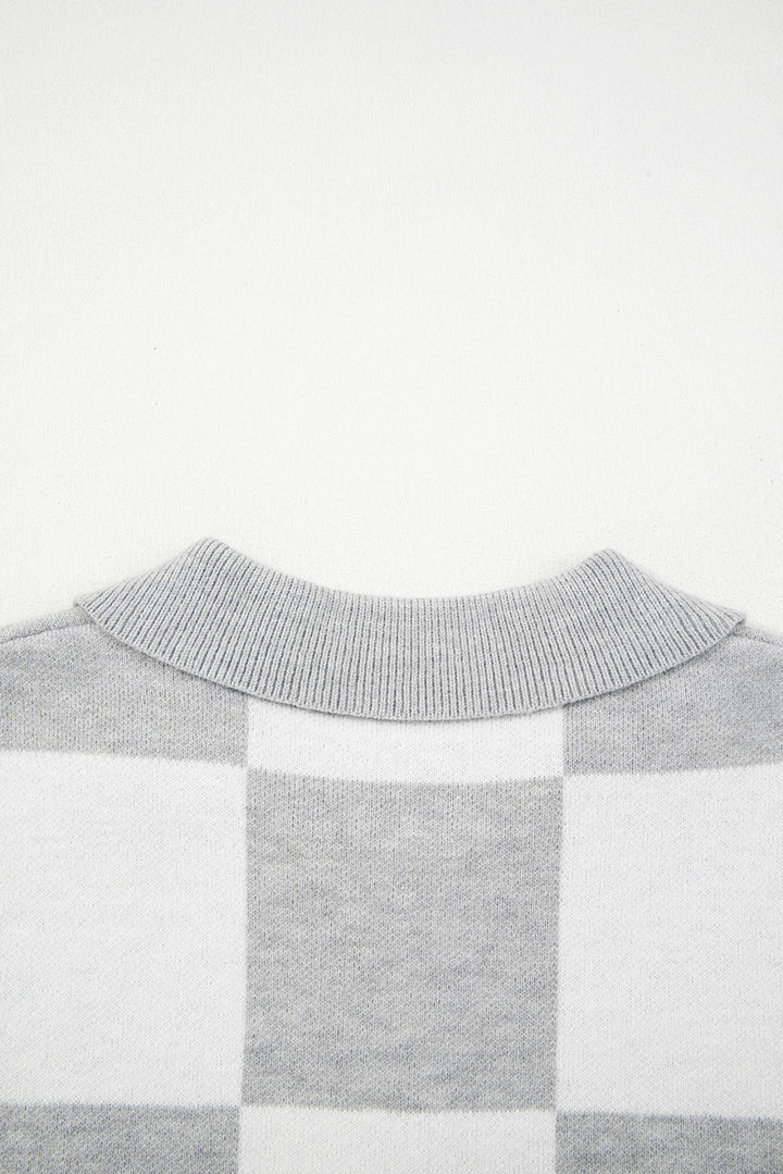 Gray Plus Size Checkered Pattern Button Polo Collar Split Sweater