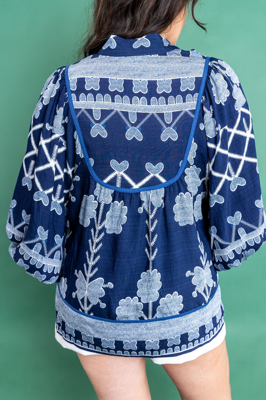 Blue Plus Size Floral Printed Notched Neck Long Sleeve Blouse