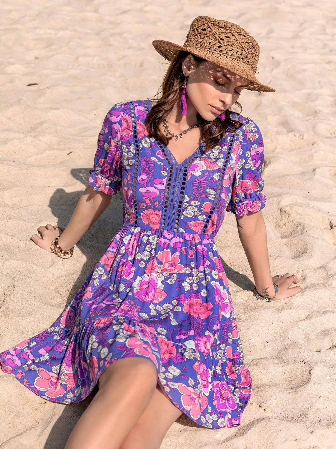 Floral Print V-Neck Mini Dress
