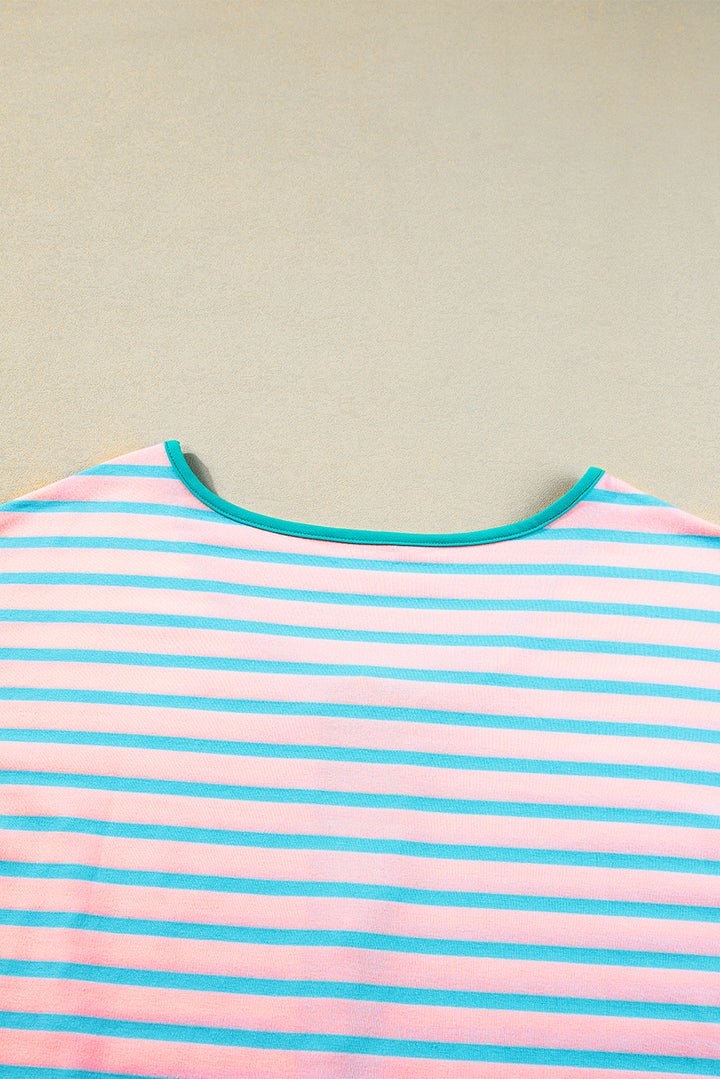 Pink Stripe Contrast Trim Half Zip Short Sleeve Top