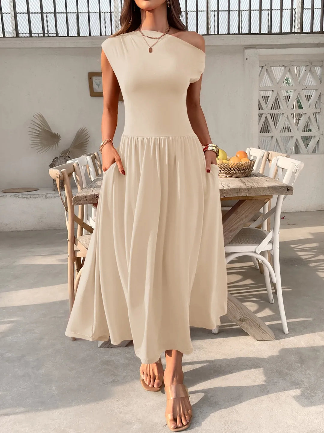 Single Shoulder Dress with Pockets