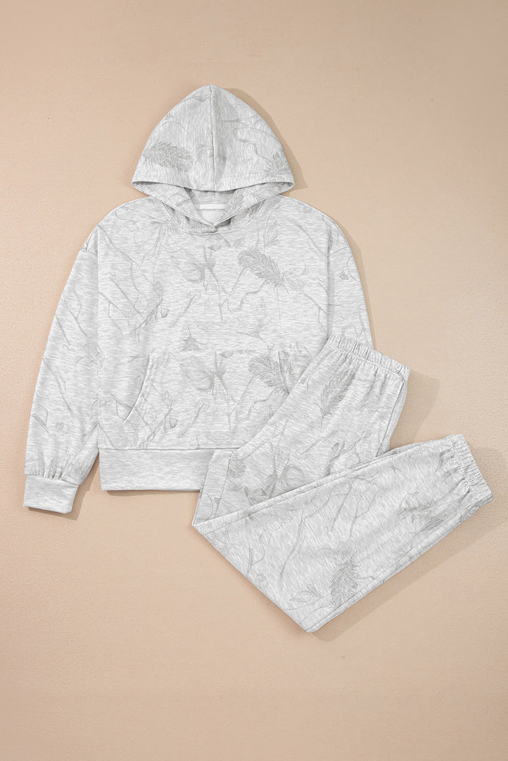 Light Grey Abstract Print Loose Drop Sleeve Hoodie Elastic Waistband 2pcs Pant Set