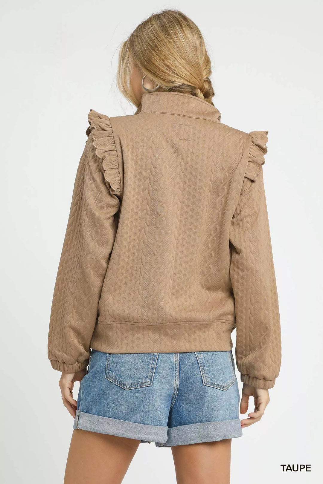Umgee Cable Knit Textured Pullover with Ruffle Shoulders