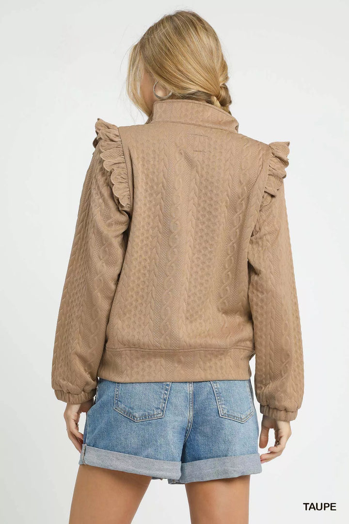 Umgee Cable Knit Textured Pullover with Ruffle Shoulders