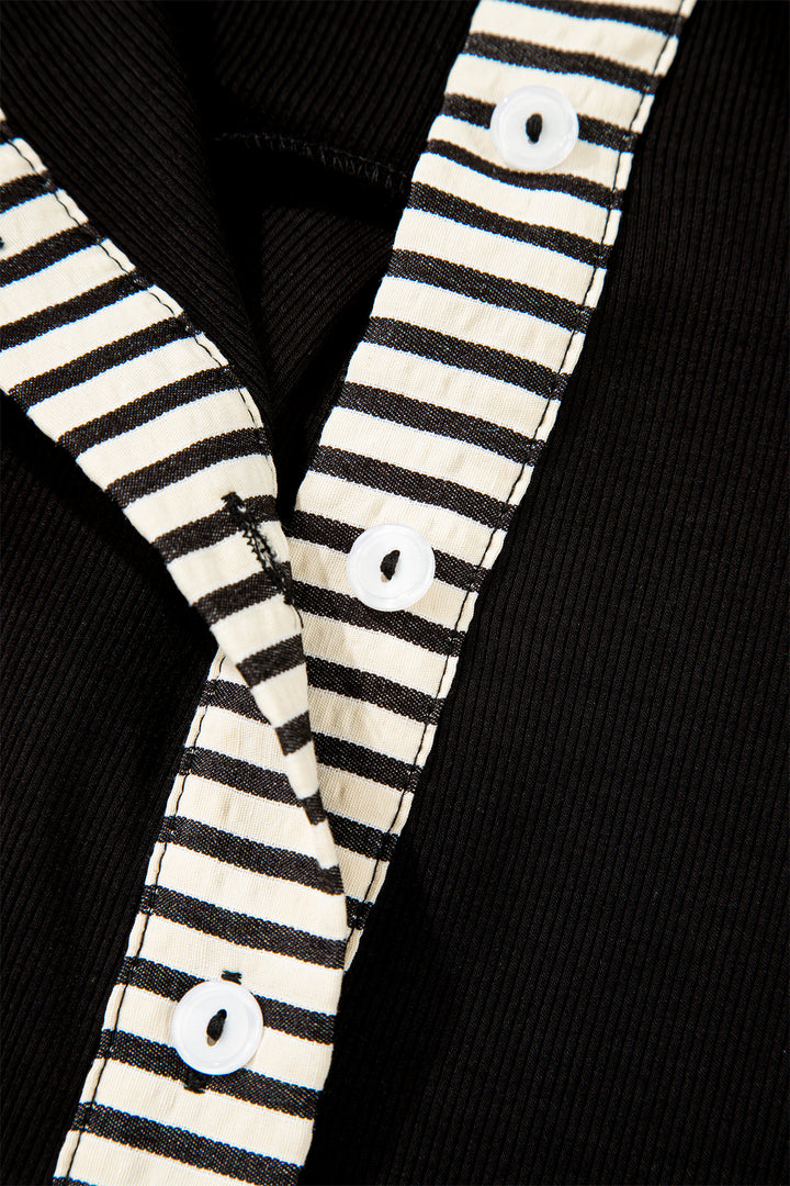 Black Stripe Detail Polo Collar Half Buttons Tied Short Sleeve Shift Mini Dress