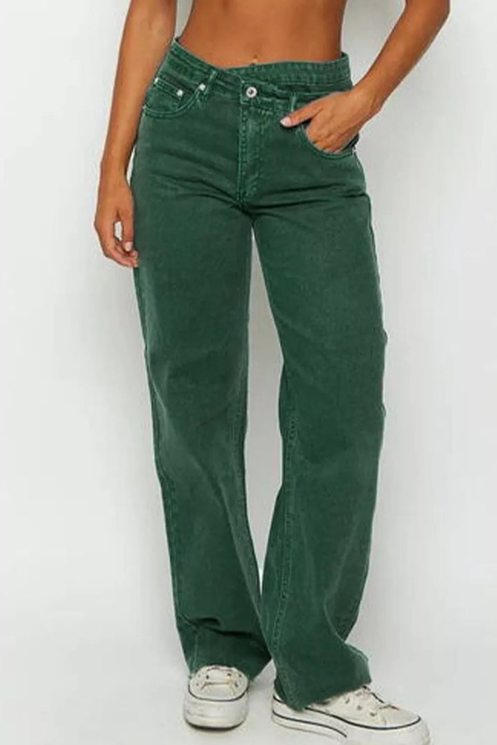 Crossed Waist Raw Hem Shift Jeans