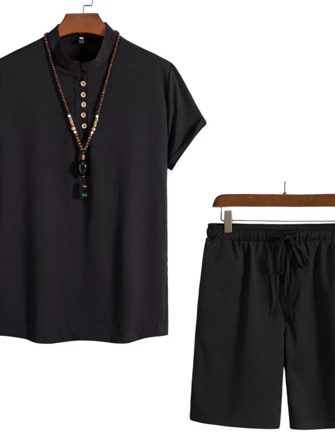 Men's Plus Size Casual Mandarin Collar Short Sleeve Shirt and Shorts Set