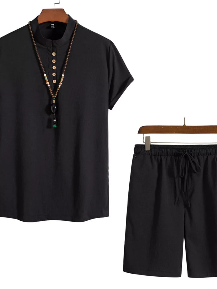 Men's Plus Size Casual Mandarin Collar Short Sleeve Shirt and Shorts Set