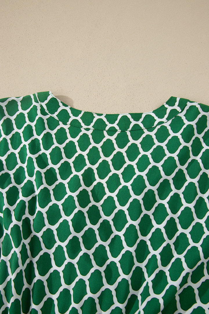 Green Plus Size Geometric Print Pocketed Ruffle Hem Casual Dress