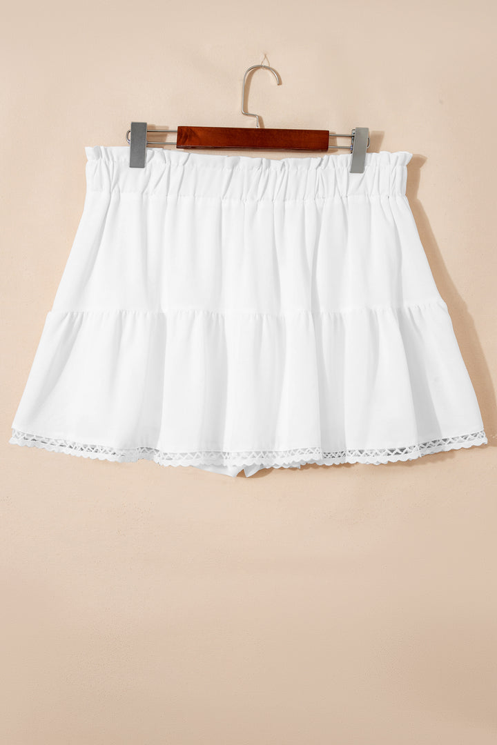 White Plus Size Frilled Elastic Waist Lace Trim Boho Ruffled Shorts