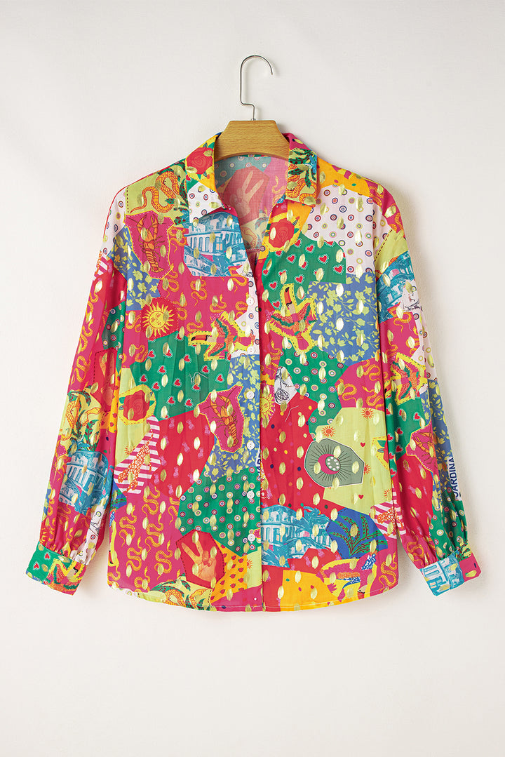 Chemise ample boutonnée à imprimé abstrait colorblock rouge rose
