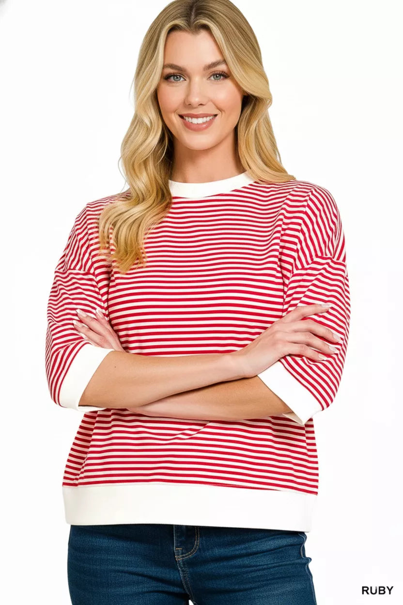 Zenana Striped Contrast Trim Banded Bottom Top