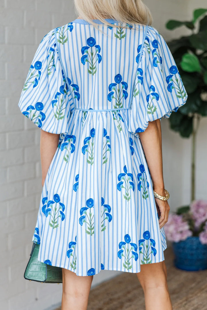 Sky Blue Floral Striped Print Tie Notched Neck Puff Sleeve Flared Mini Dress