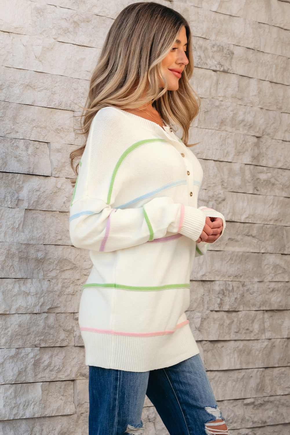 White Rainbow Stripes Drop Shoulder Baggy Henley Sweater