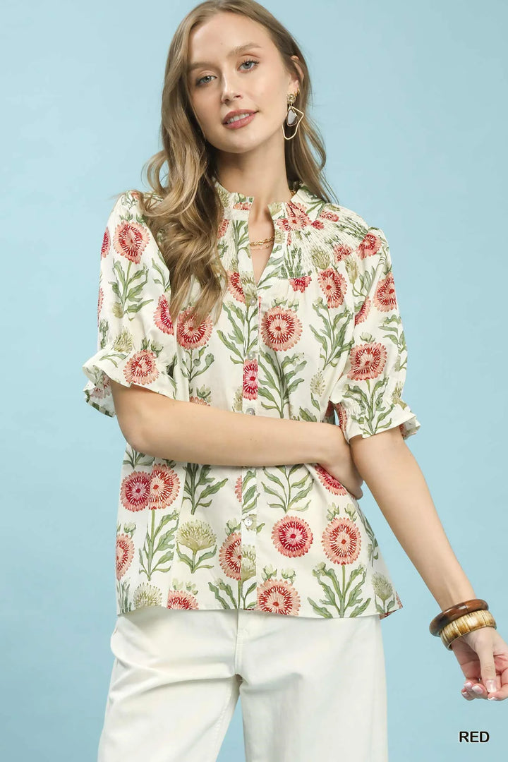 Umgee Floral Button-Front Short Sleeve Top