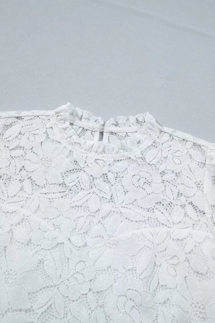 Ruffled Round Neck Long Flounce Sleeve Sheer Lace Blouse