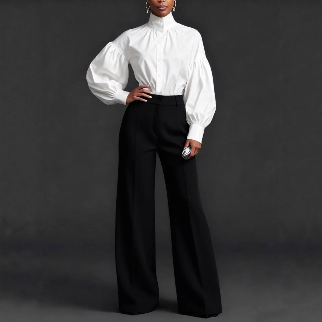 Stylish And Elegant Womens Pleated High-neck Blouse With Puffed Sleeves