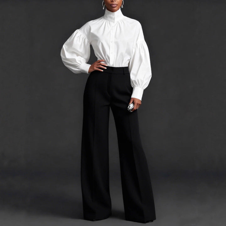 Stylish And Elegant Womens Pleated High-neck Blouse With Puffed Sleeves