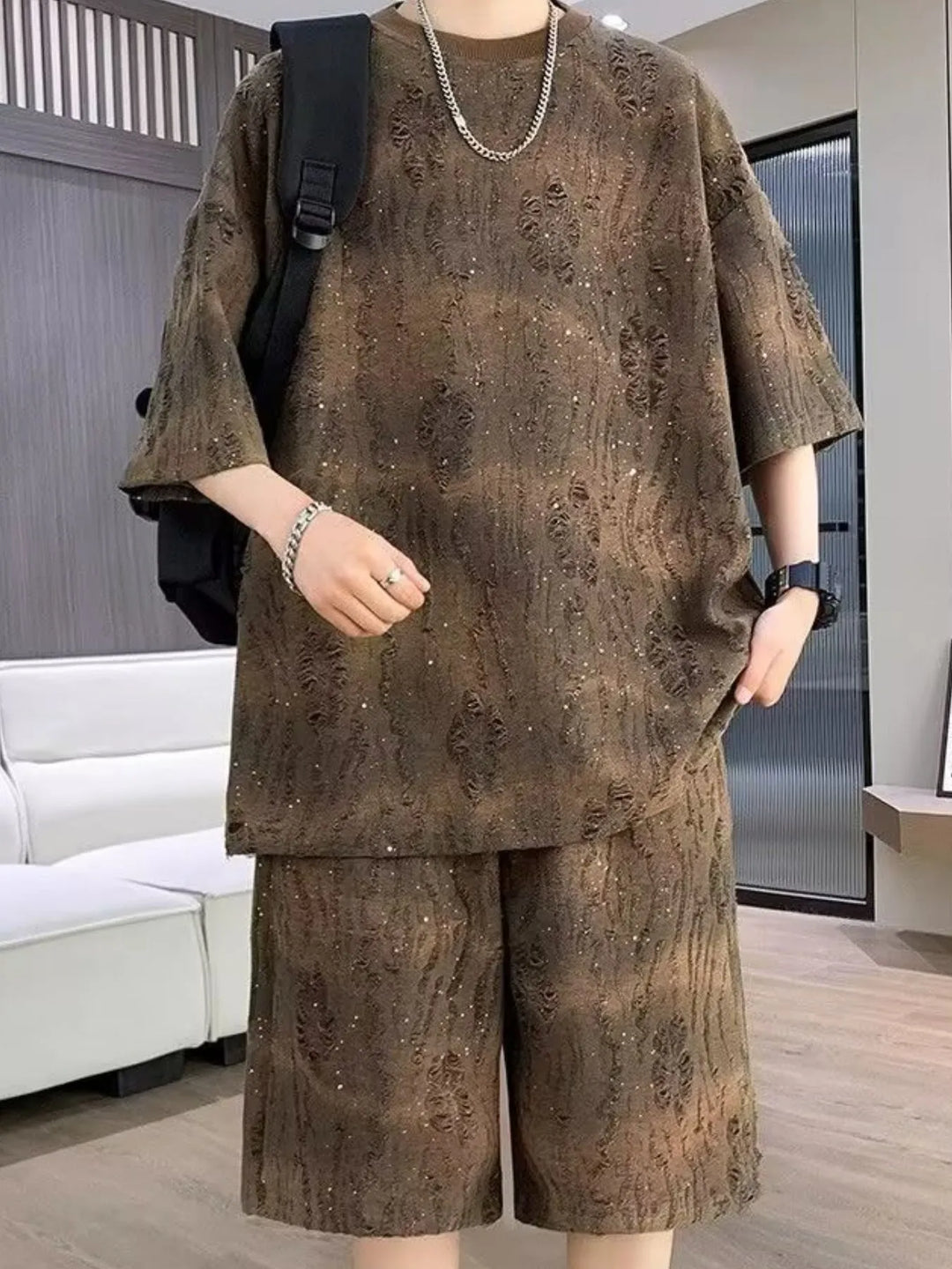 Men's Full Size Round Neck Half Sleeve Top and Shorts Set Plus Size