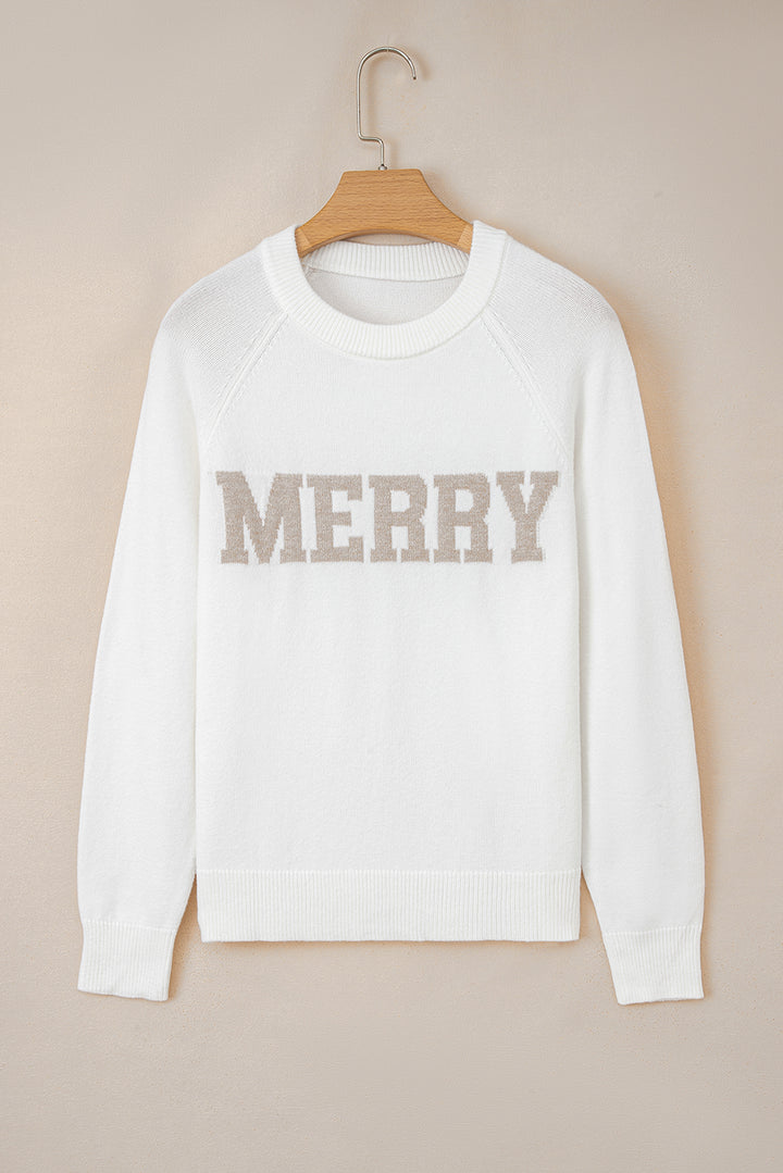 White MERRY Letter Pattern Christmas Raglan Sleeve Sweater