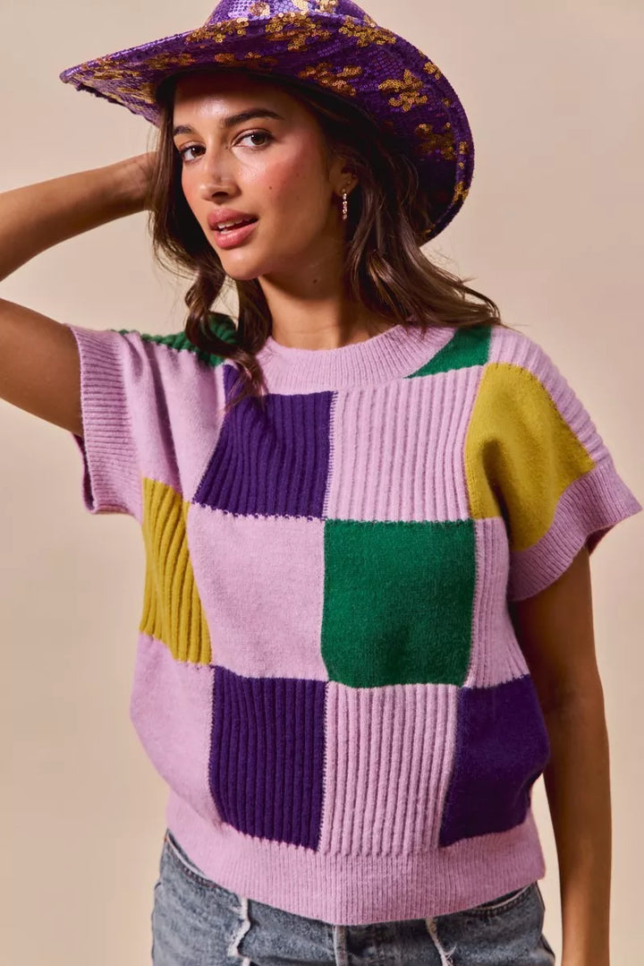 SO ME Mardi Gras Check Plaid Casual Sweater Top