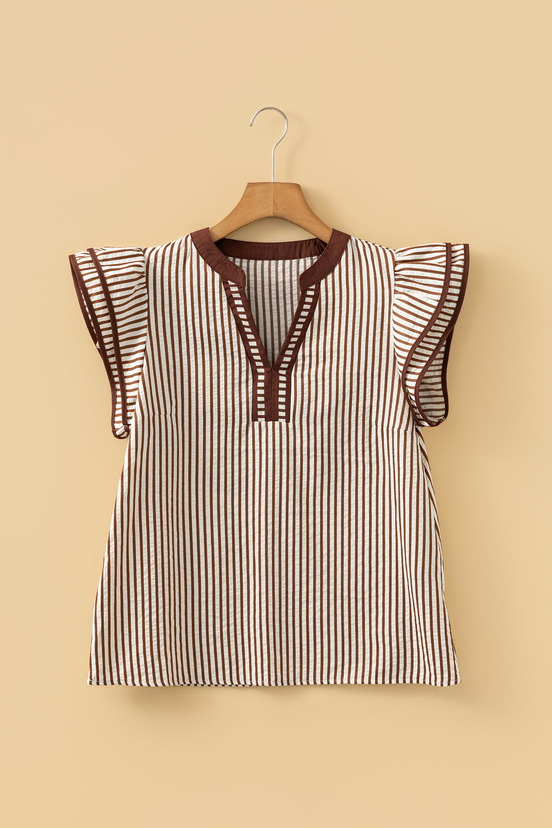 Khaki Stripe Double Ruffled Short Sleeve V Neck Blouse