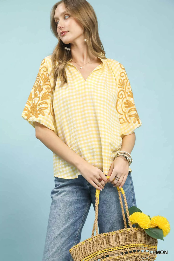 Umgee Gingham Embroidered Balloon Sleeve Top