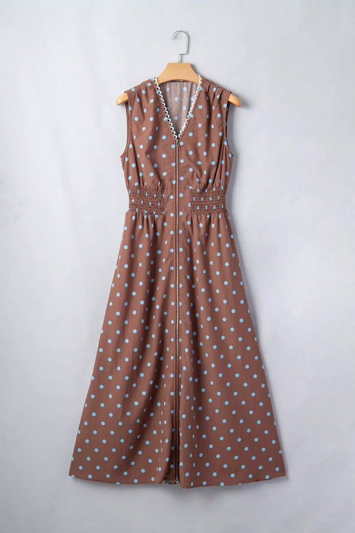 Polka Dot Zipper Front Midi Dress