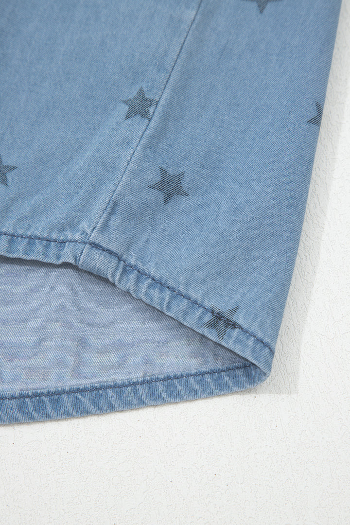 Beau Blue Star Allover Print Double Chest Pocket Short Sleeve Denim Shirt