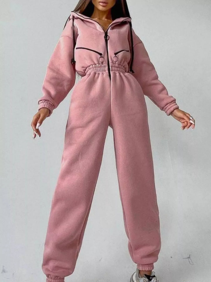 Hooded Zip-Up Long Sleeve Jumpsuit