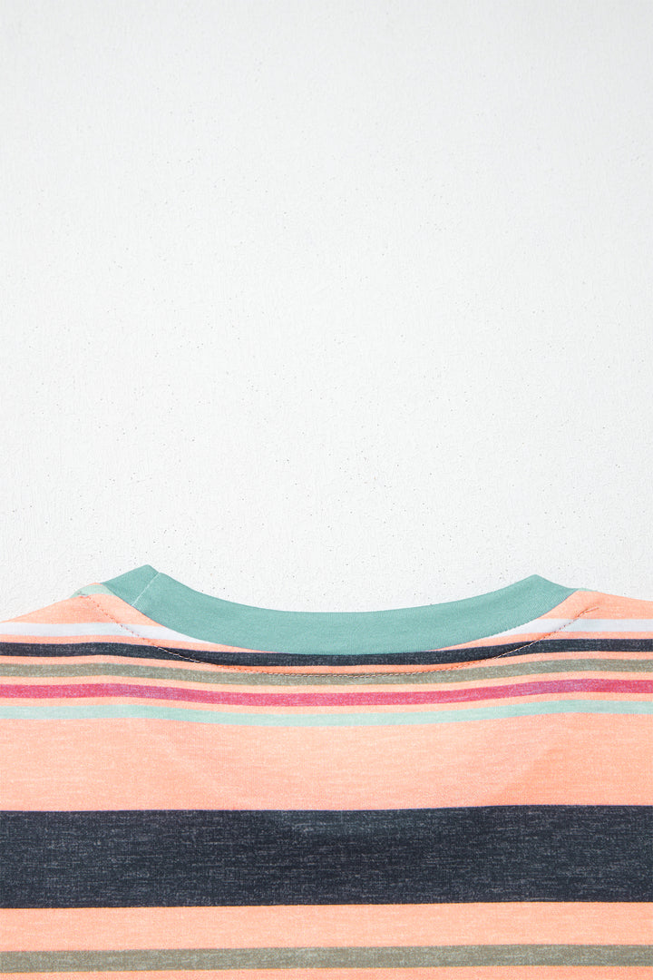 Pink Multicolor Stripes Crew Neck T Shirt