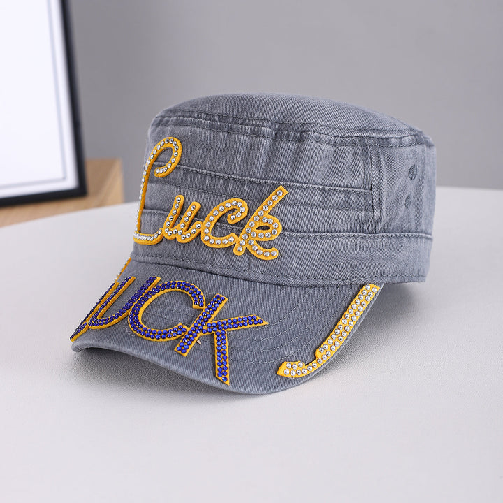 Summer Men's Solid-color Rhinestone-embroidered Letter  LUCK Water-washed Retro Sun-protective Street Fashion Hat For Gatherings, Street Dance, Casual Sports