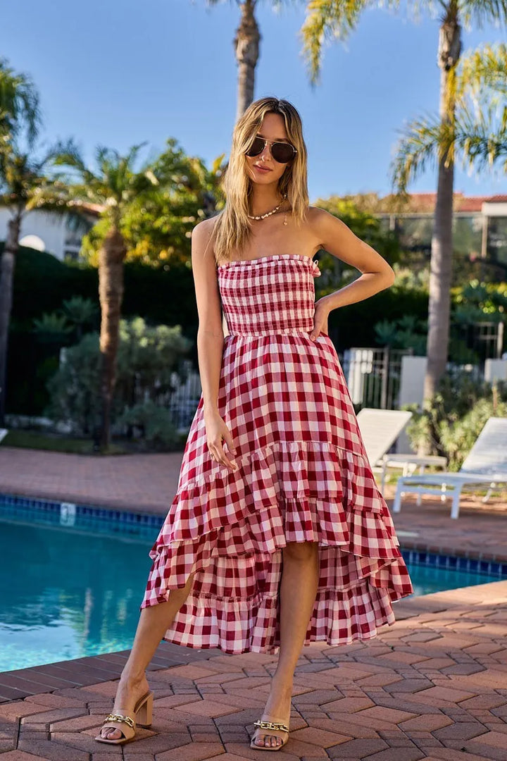 BiBi Smocked Body Off Shoulder Check Dress