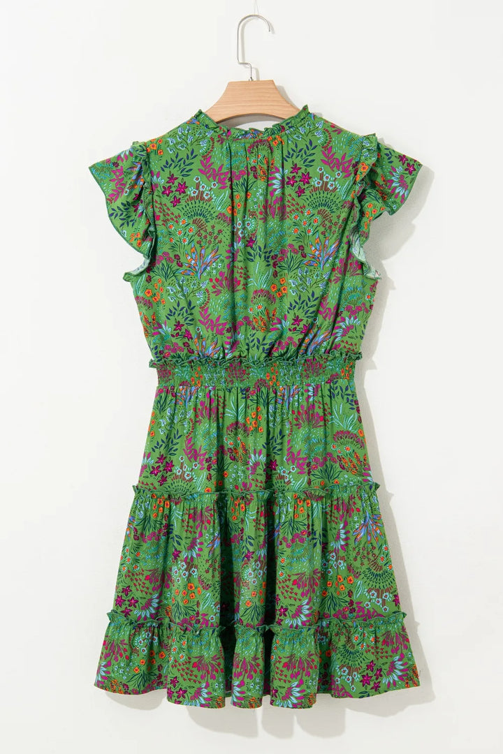 Floral Tie Split Neck Frilly Ruffle Trim Tiered Short Dress