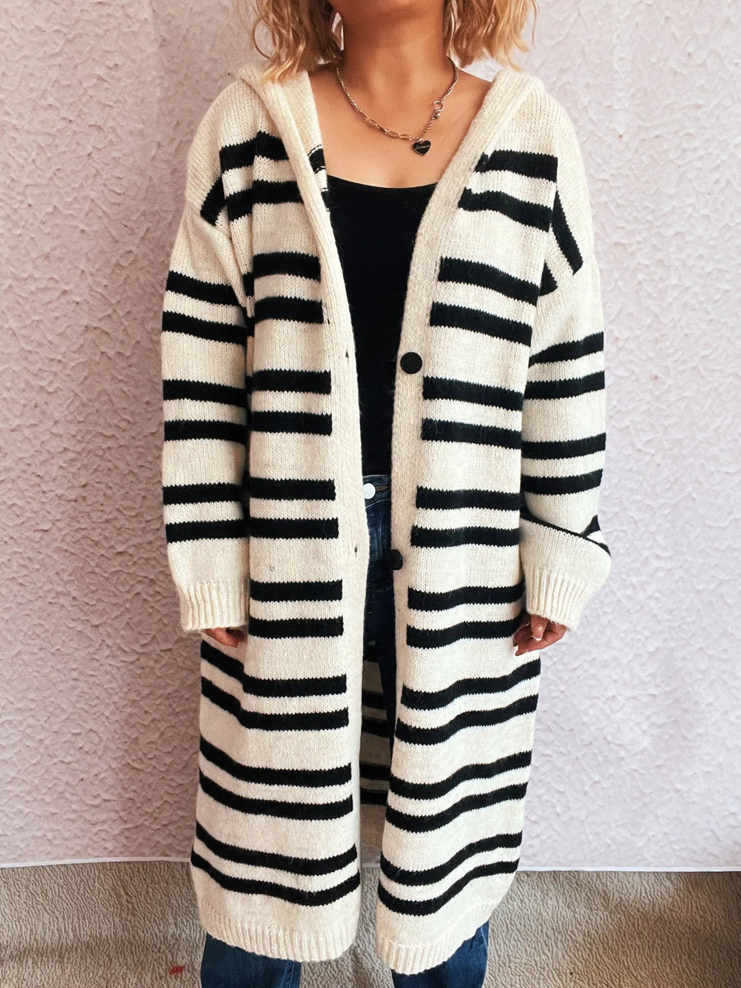 Striped Open Front Hooded Cardigan