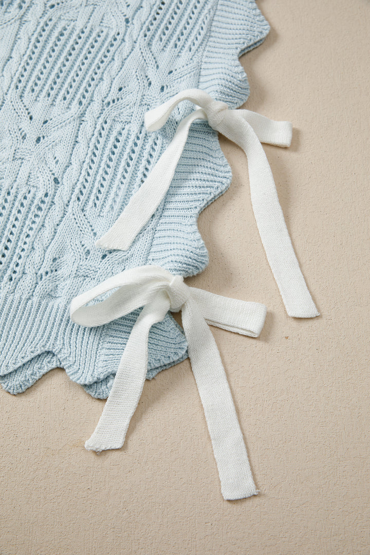 Beau Blue Pointelle Knit Patterned Scalloped Trim Short Sleeve Sweater