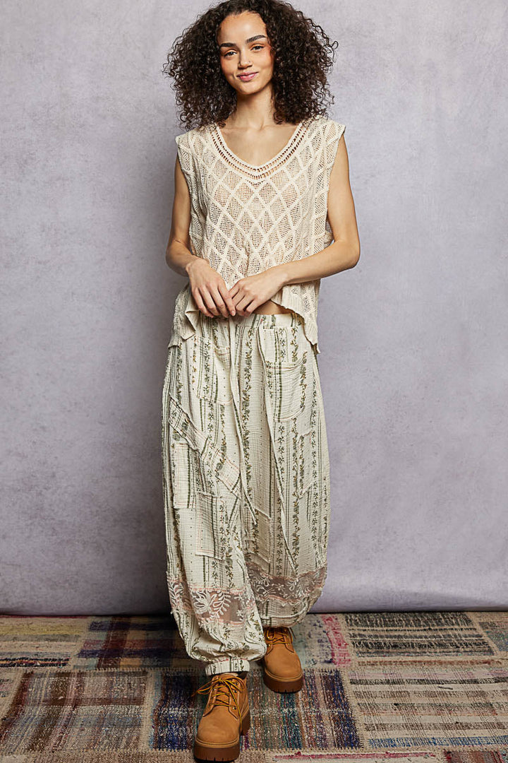 POL V-Neck Crochet Tank with Diamond Weave Knit Patterns