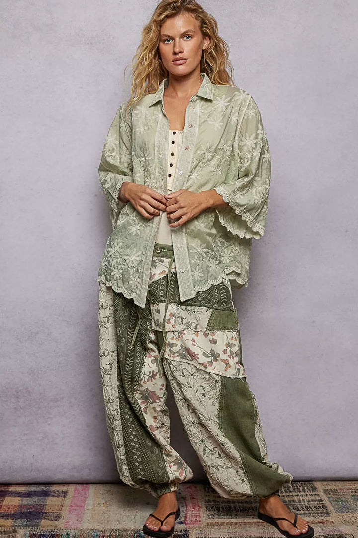 POL Embroidered Floral Collared Neck Shirt with Scalloped Edges