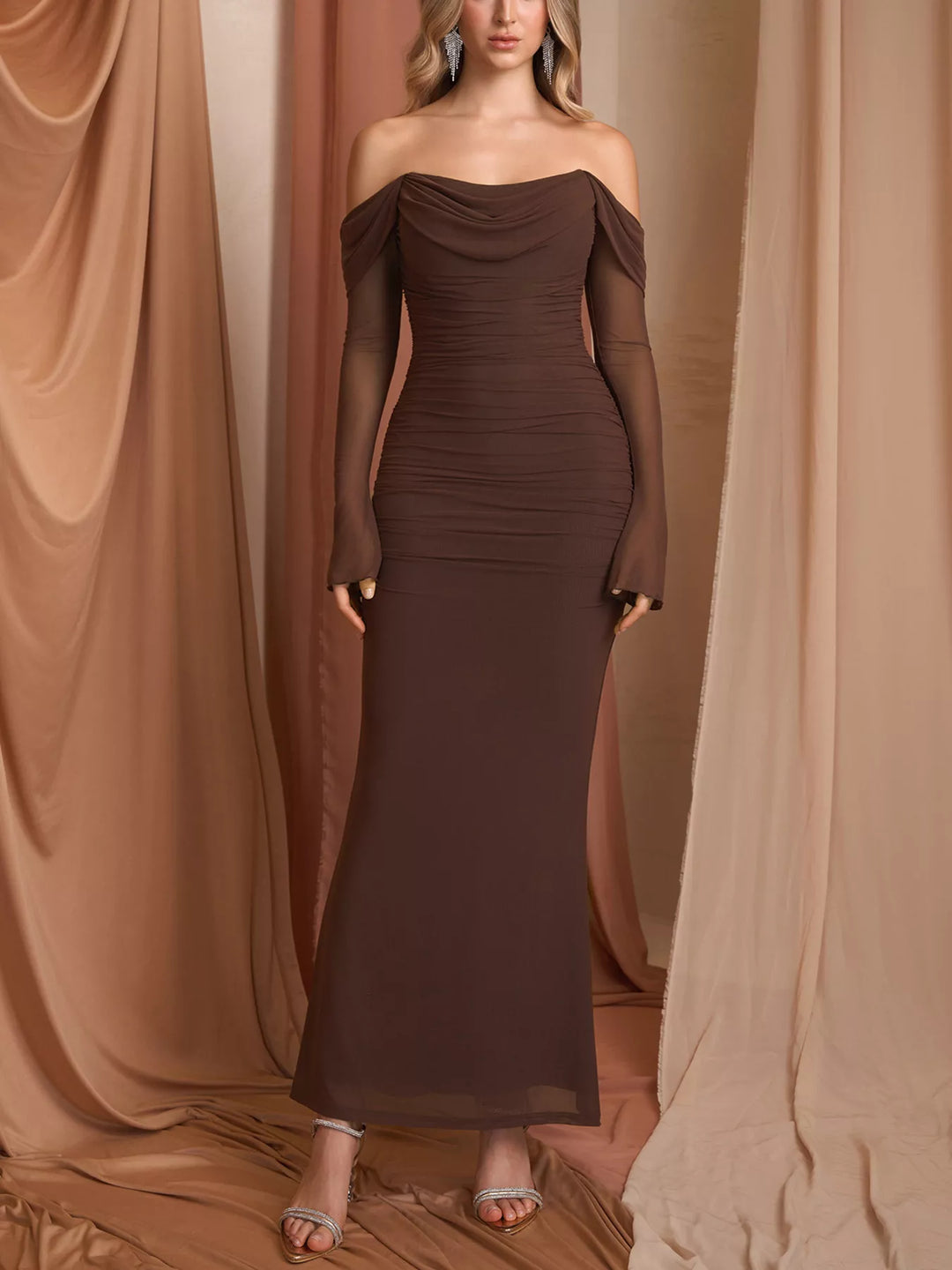 Off-Shoulder Ruched Mermaid Maxi Dress