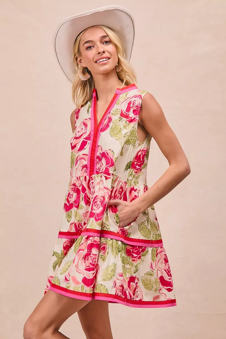 BiBi Floral Woven Contrast Edge Tiered Ruffle Mini Dress